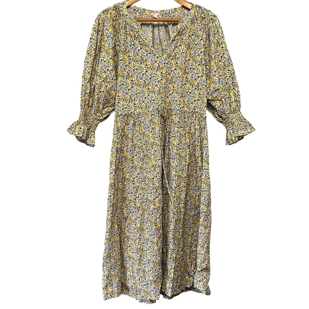 Seraphina Floral Midi Dress XS Cotton Cottagecore Prairie Boho Smocked Neck